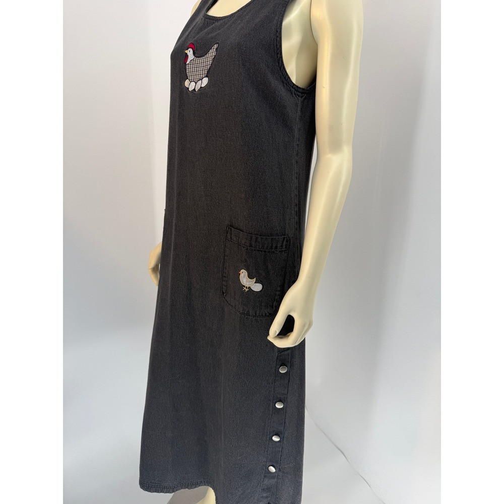Black Denim Jumper Dress Embroidered Chicken Farm Cottagecore Maxi Sleeveless